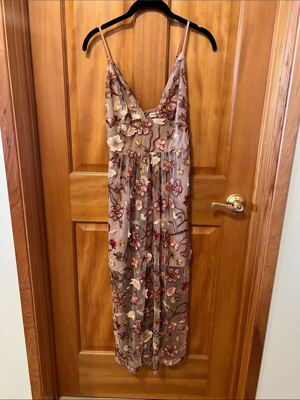 For Love & Lemons Embroidered Taupe Maxi Dress with Multicolor Floral Appliqué